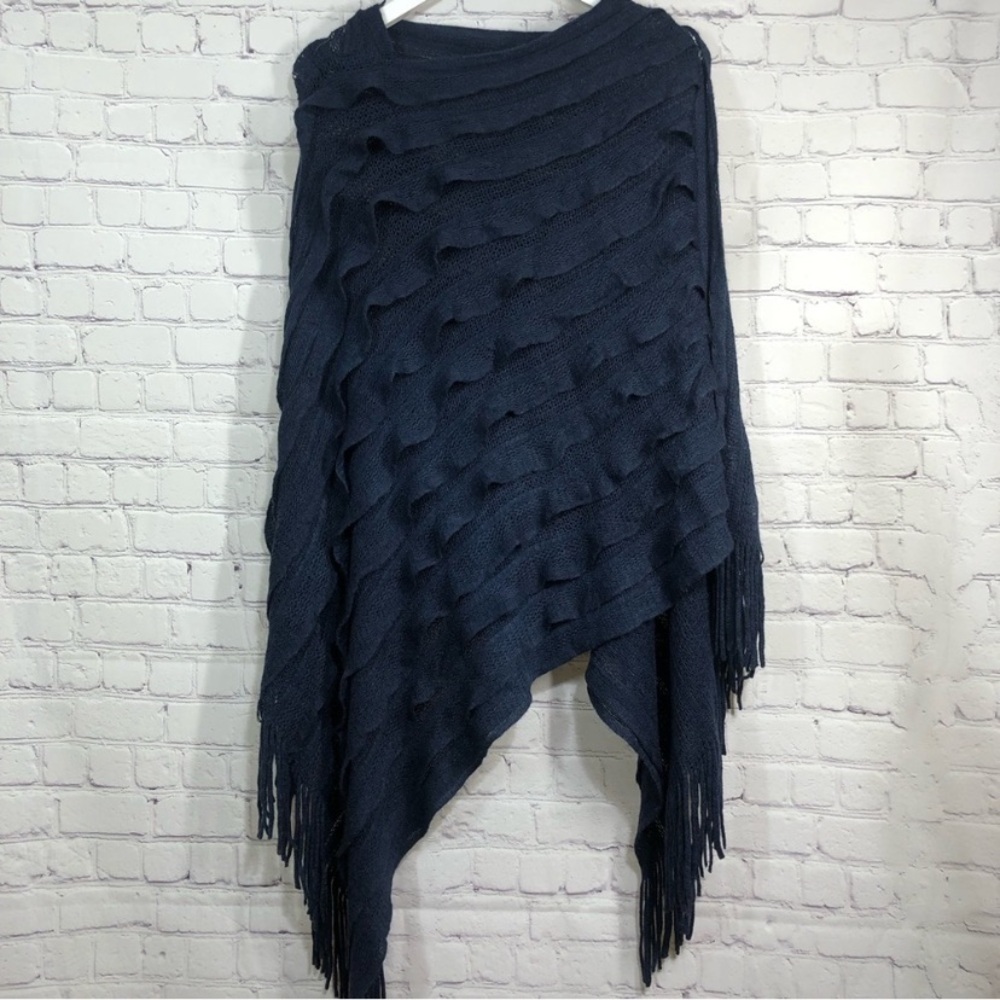 NWT MaxSport Navy Knit Poncho with Fringe